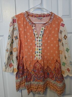 John Mark Orange Peasant Top with Cream Sleeves
